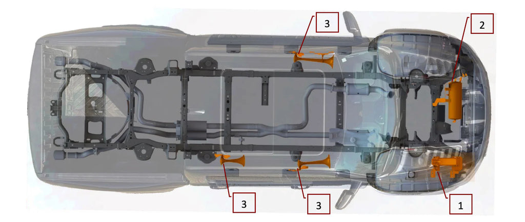 DIRECT FIT TRAIN HORN AND ONBOARD AIR SYSTEMS FOR 2014-2025 RAM HD 2500/3500