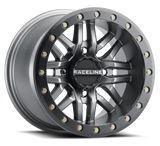 Raceline A91G Ryno 15x7in/4x156 BP/10mm Offset/132.5mm Bore - Gunmetal & Black Ring Beadlock Wheel