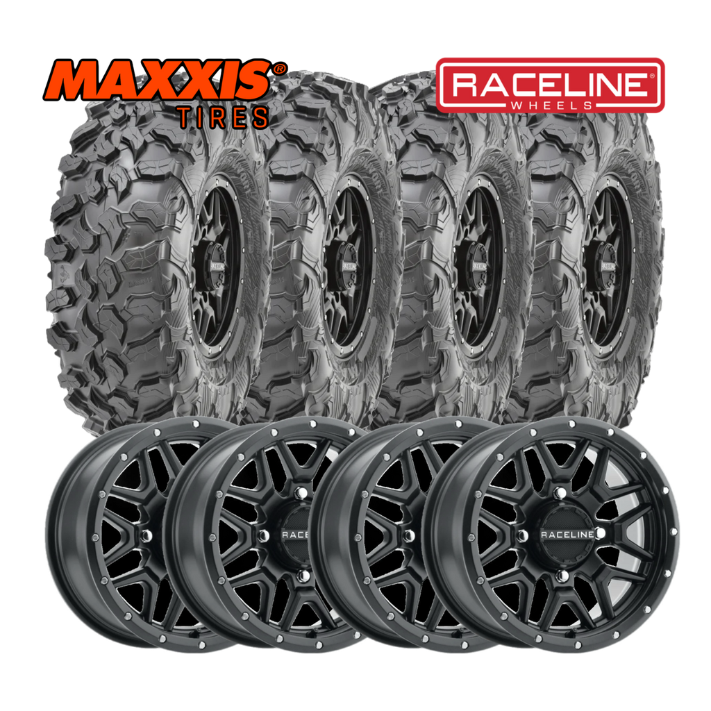 Raceline Krank 15" Wheels Black W/ 33" Carnivore Tires - Kawasaki KRX Package